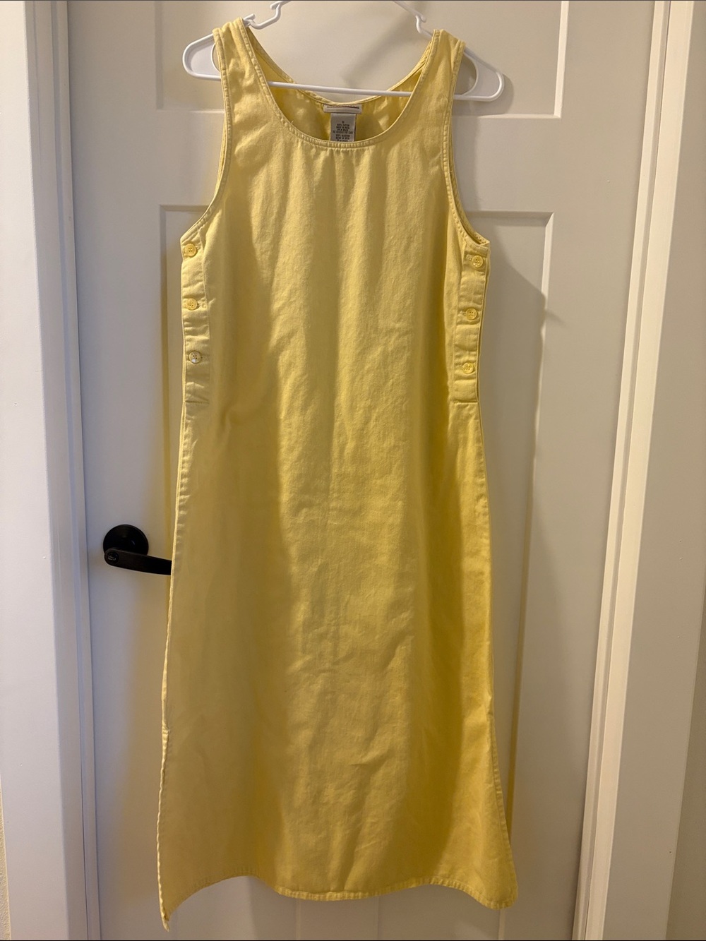 100% cotton Expressions Sleeveless Yellow Midi Dress with Side Button Detail